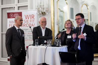 Dr. Péter Csingár, Doktorand an der AUB, Prof. Dr. Helmut Fehr, Professur für Europäische Regionalforschung und Prof. Bos sowie Prof. Hansen